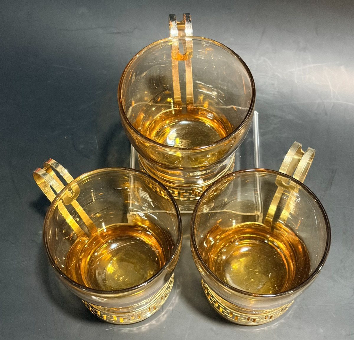 Vintage Libbey Amber Glass Coffee Mugs Greek Key Brass Metal Holders Set of 3
