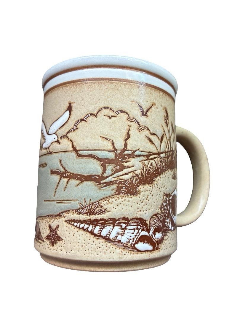 Set of 4 Ceramic Coffee Mugs 10 fl oz Nautical Seagull Harbor Scene Beige Blue