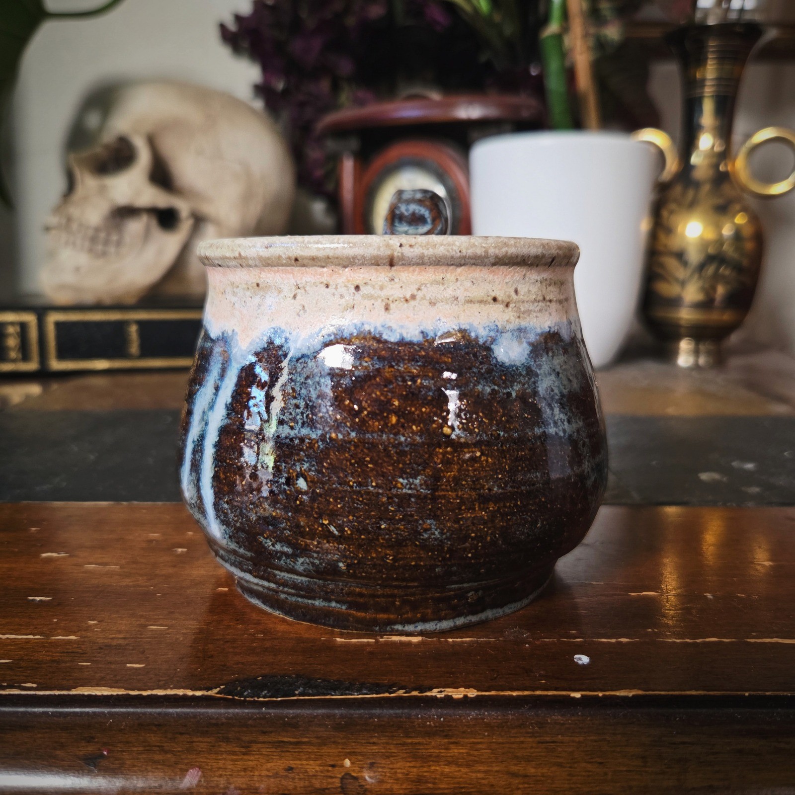 Handmade Studio Pottery Mug Diana Signed Blue Brown Drip Glaze Coffee Tea Cup