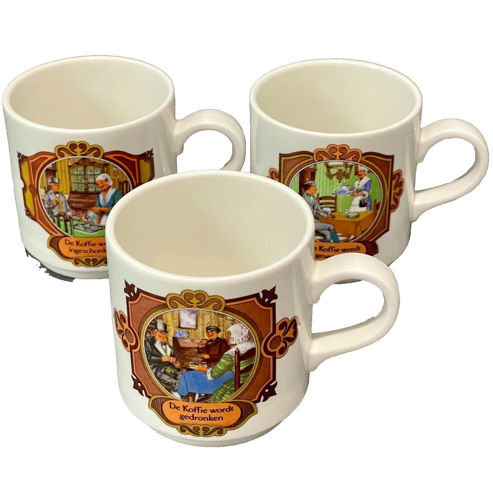 Lot of 3, Villroy & Boch Septfontaines Coffee Cups Mugs with Dutch Koffie scenes