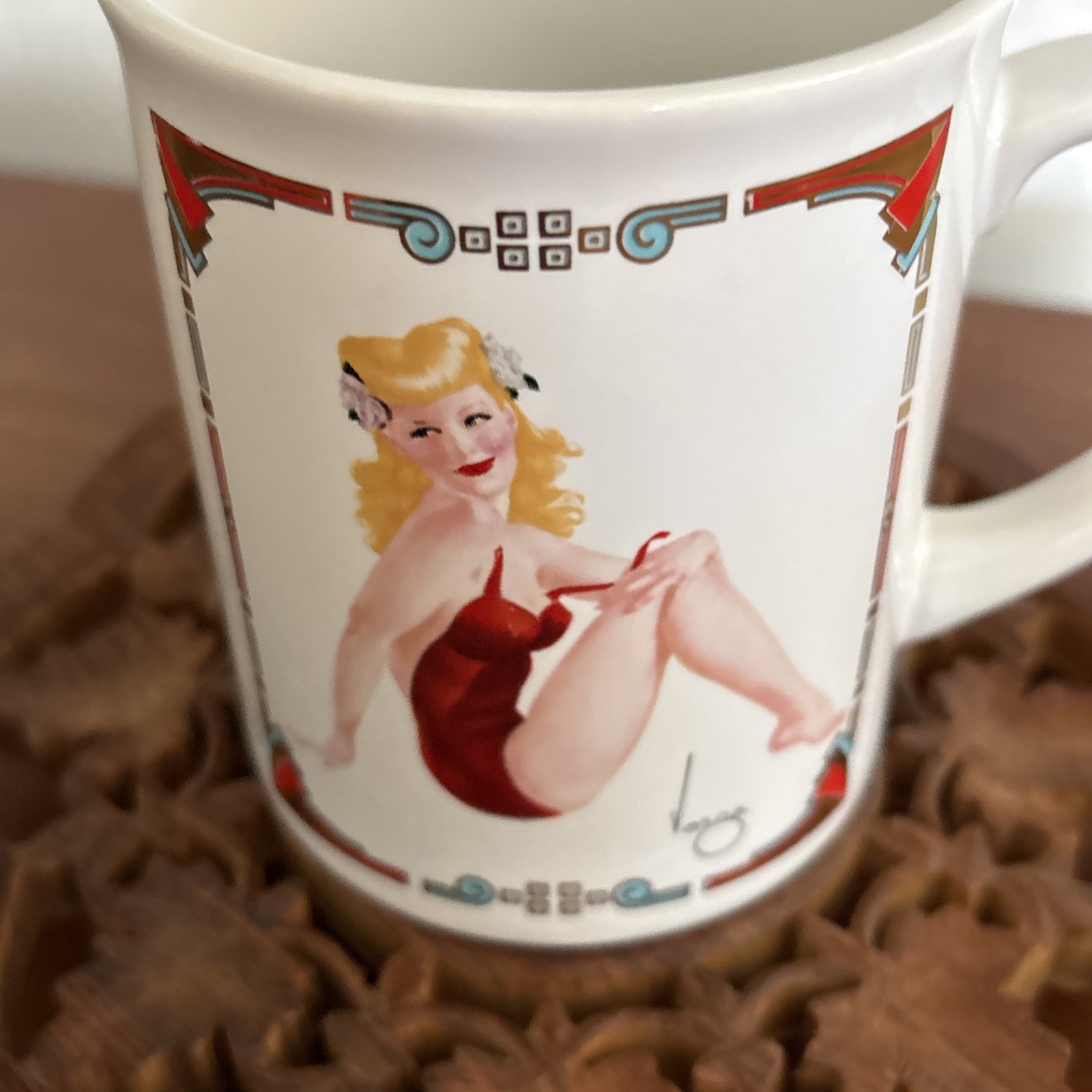 Vintage 80s 1987 Varga Coffee Cup Girl Art Deco Nouveau August 1943 Pin Up Glam