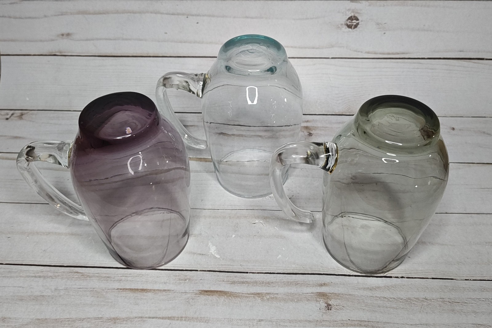 Vintage Set Of 3 Libbey Tempo Glass Multicolored Beer Tankards Open Handle Mugs