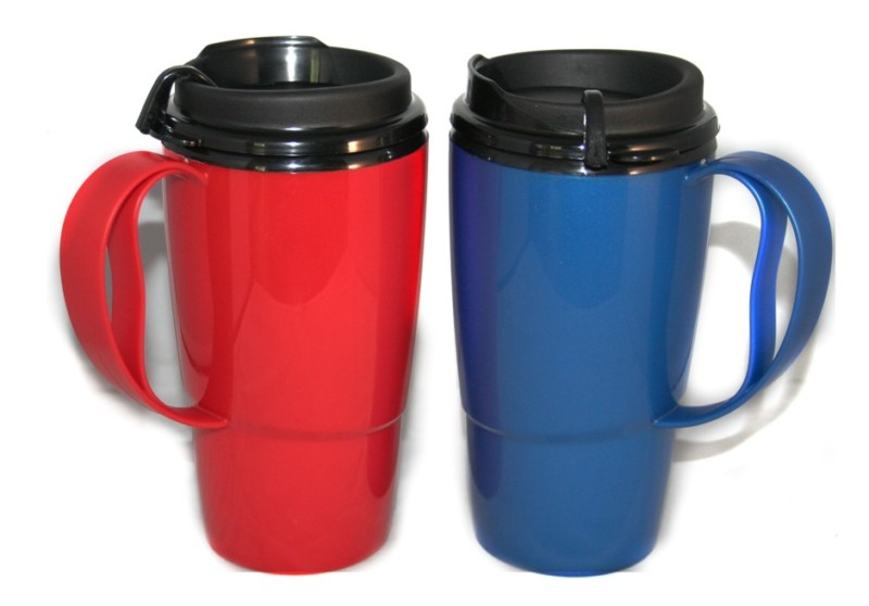 2 Foam Insulated 16oz ThermoServ Travel Mugs Red & Blue