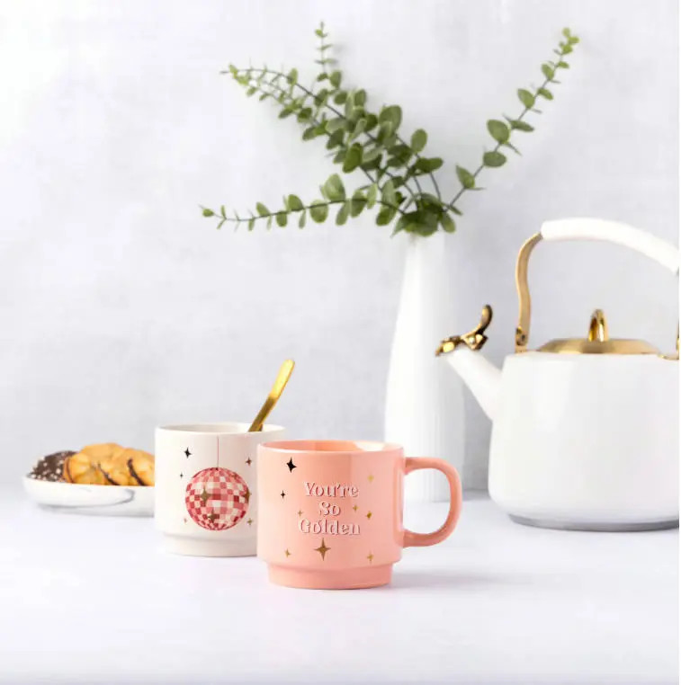 2pc Stacking Stoneware Mugs Set 14oz Pink You’re So Golden Disco Ball