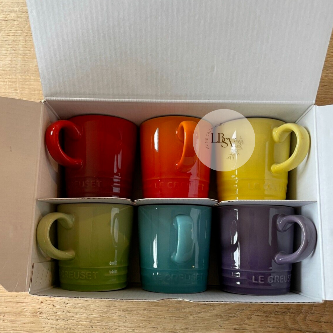 Le Creuset Stoneware Rainbow Multicolor Set of 6 3.5oz London Espresso Mugs NEW