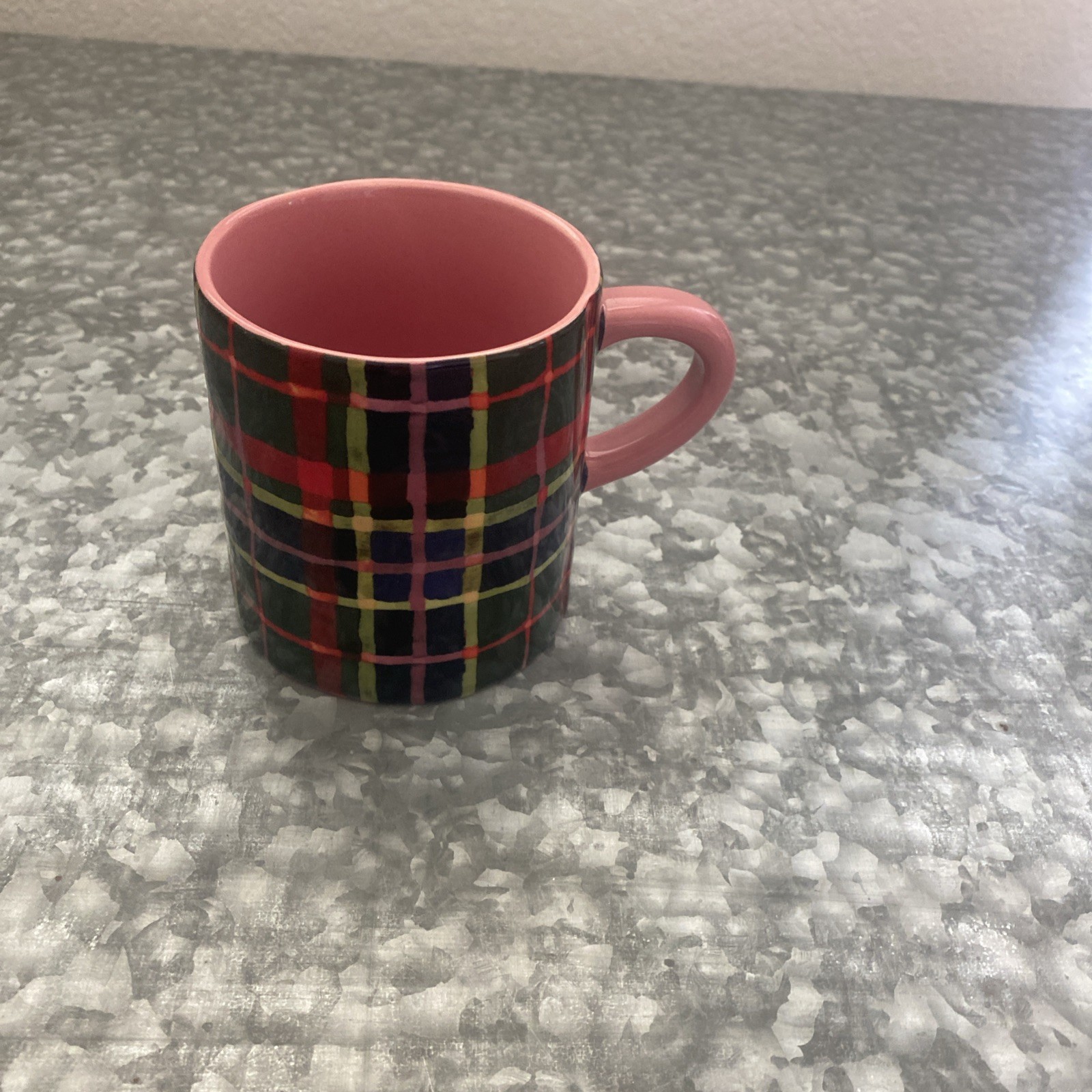 Anthropologie Tartan Plaid Stoneware Coffee Tea Mug Pink Interior & Handle