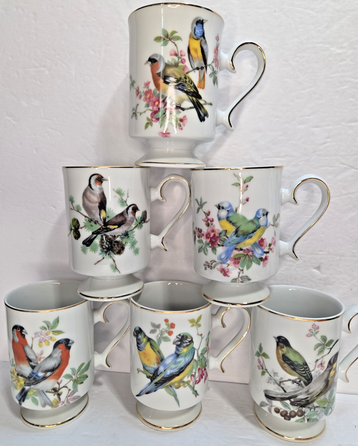 6 Vintage Royal Crown Love Birds Coffee Mugs Cups Pedestal Gold Trim Bird Lovers