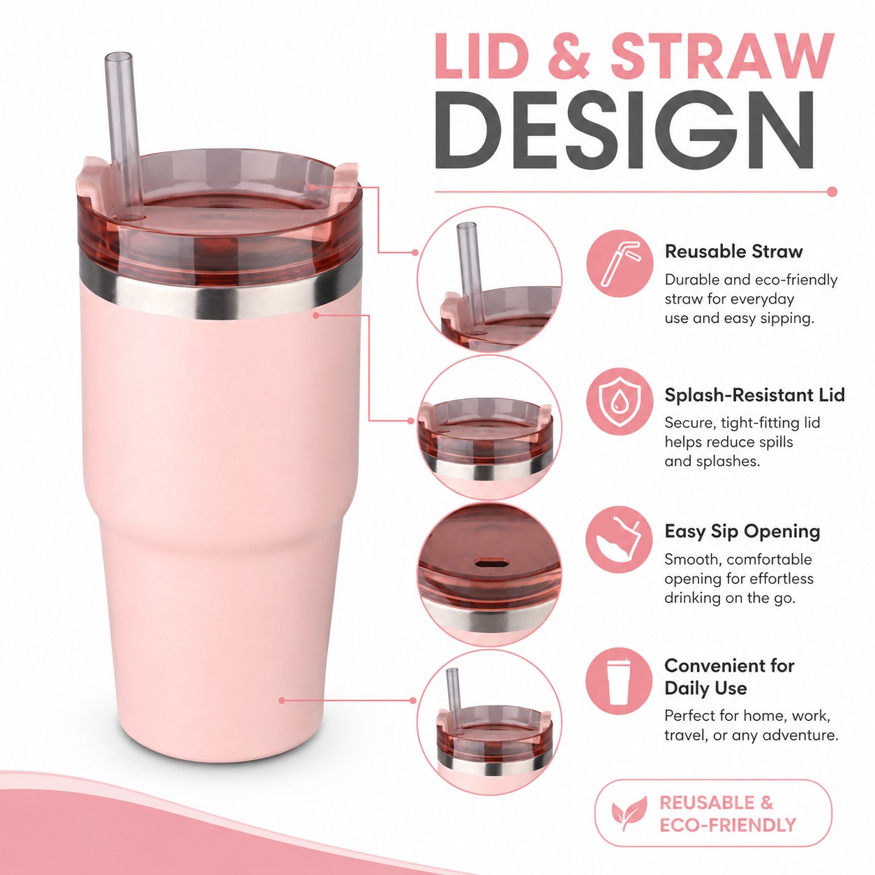 20oz Pink 304 Stainless Steel Tumbler with Lid Straw Coffee Cup USA Stock