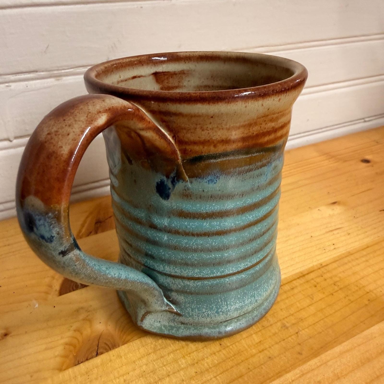 Handmade Studio Art Pottery Mug Turquoise Brown Glaze Cozy Rustic CoffeeTea 10oz
