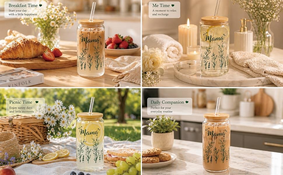 Mama for Mom – 16oz Floral Iced Coffee Cup with Lid and Straw – Cute Birthday