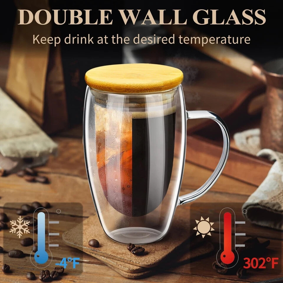 Double Wall Glass Coffee Mugs 16OZ with Bamboo Lid/Spoon, Glass Coffee Cups Set