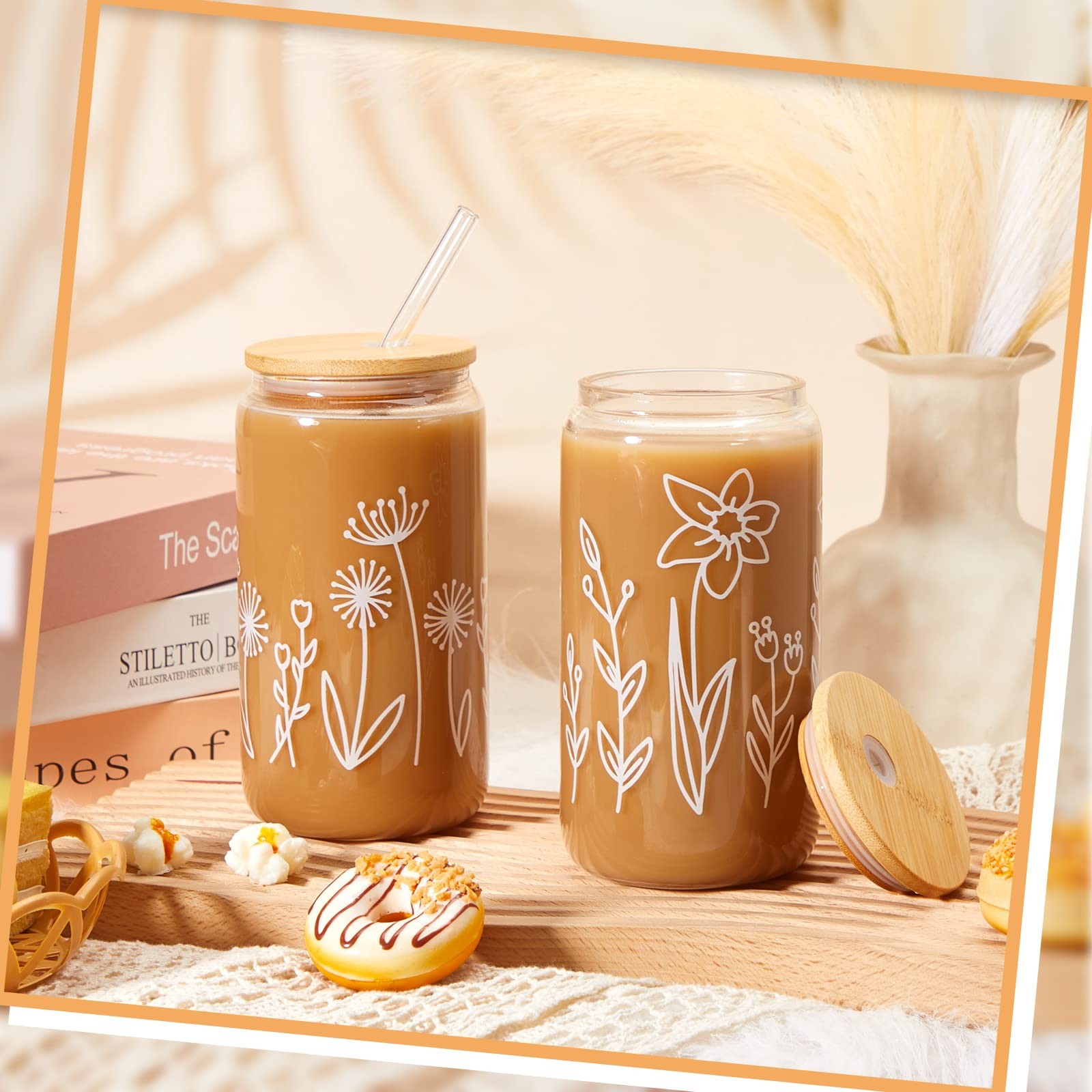 4 Pack Bridesmaid Gift Glass Cups, Cute Flower Mason Jars with Bamboo Lids & …