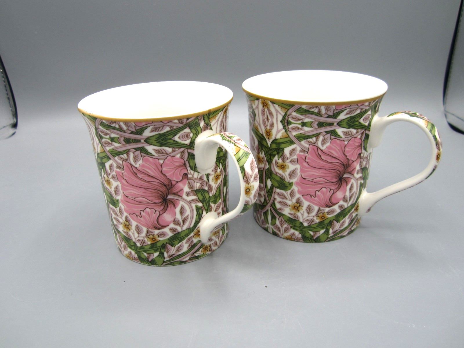 Pair William Morris Pimpernel Pink Green White Floral Tea Coffee Mug 12 oz (510)