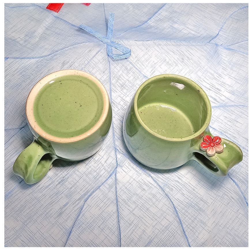 Korean Handmade Green Ceramic Mug Set Floral Lid Tea Coffee Cup Gift Set of 2