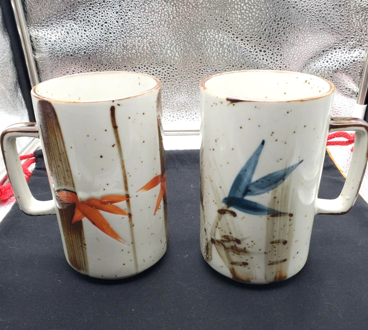 VTG Otagirl Tall Stackable Mugs Set Of 2 Birds Bamboo Speckled Japan 70s Ceramic