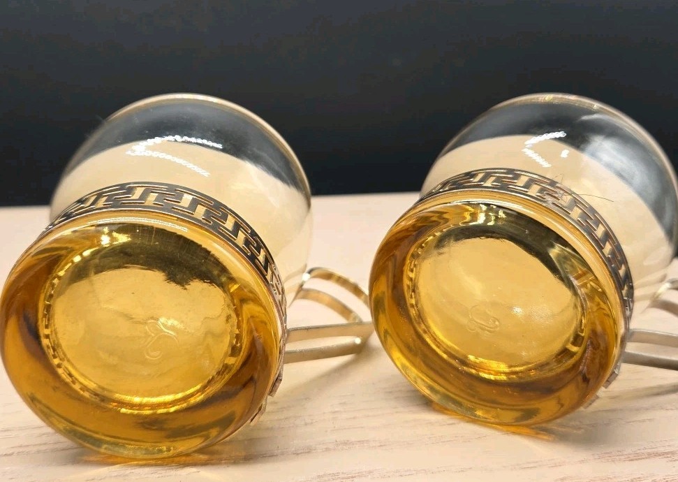Mugs Set 2 Libbey Greek Key Amber Glass Gold Coffee Tea VTG