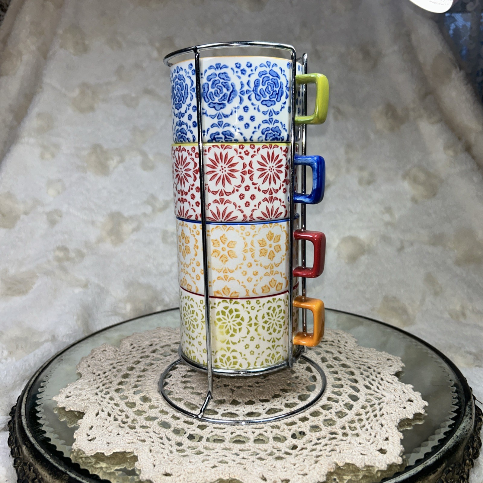 Set Of 4 Pier 1 Stackable Hand Painted Stoneware Cups/MugsIn Chrome Caddy