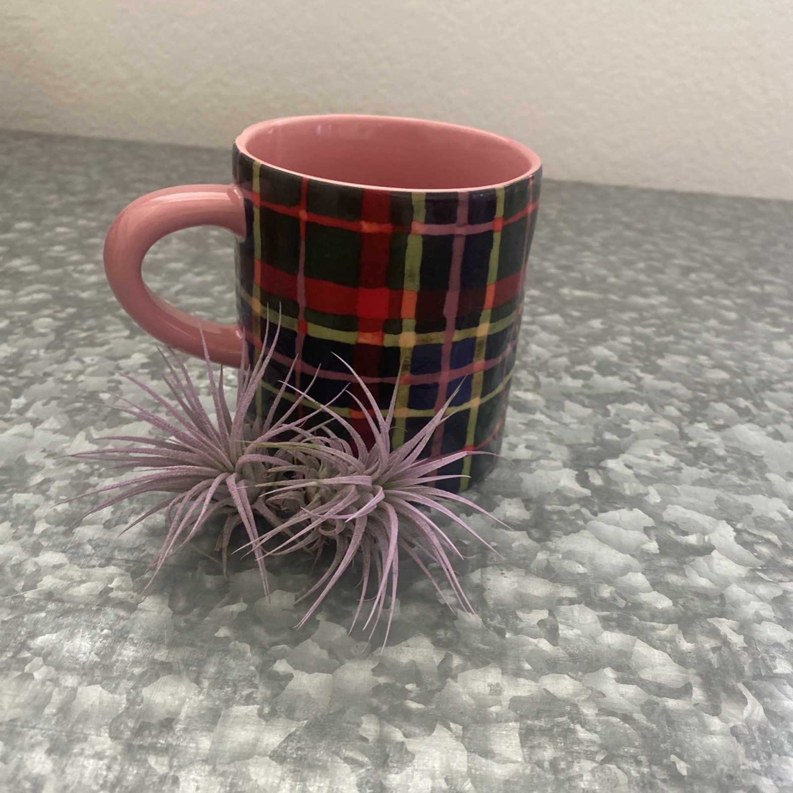 Anthropologie Tartan Plaid Stoneware Coffee Tea Mug Pink Interior & Handle