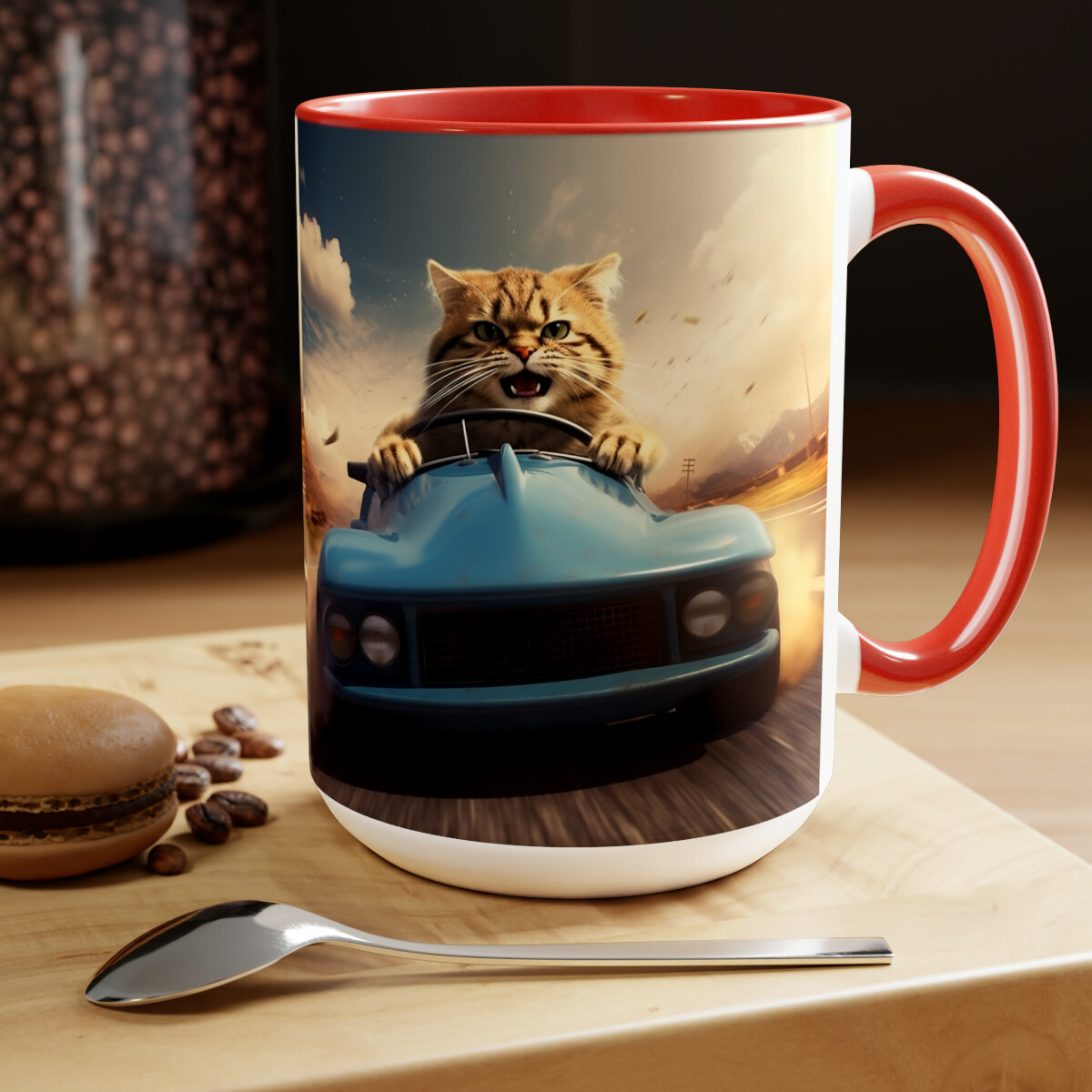15oz Two-Tone Coffee Mugs Brown Tabby Cat Kitty Feline Blue Racing Sports Car