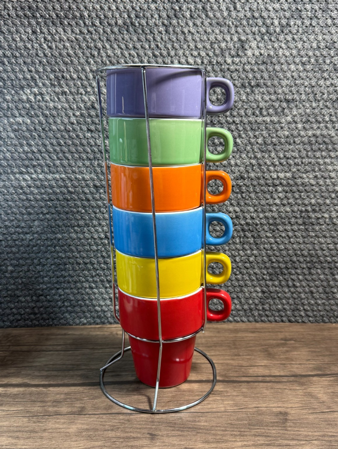Rainbow Stacking Ceramic Coffee Mugs Set & Rack – 6 Cups & Rack