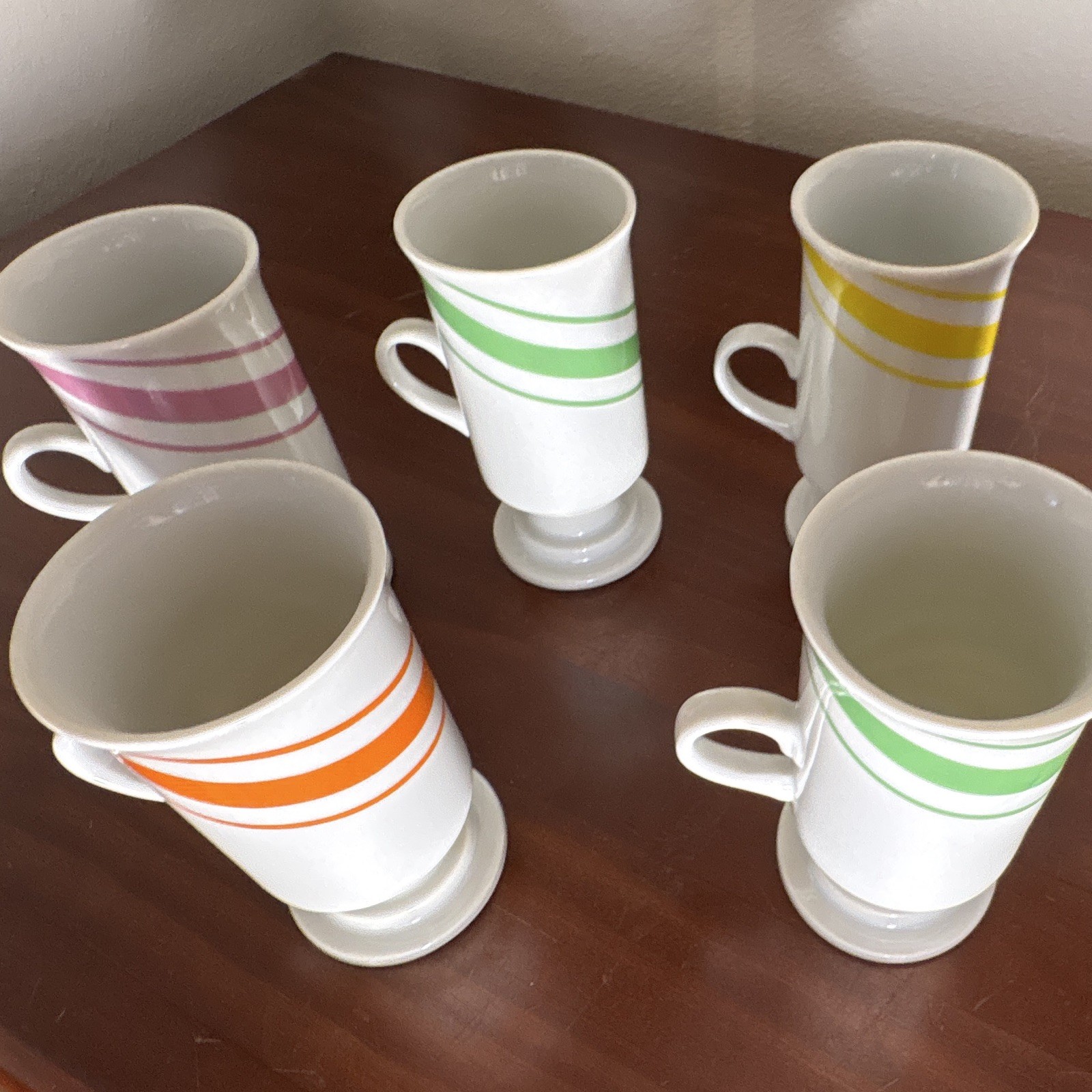 5pc Ceramic 8 fl oz White Pedestal Coffee Mug Set, Colorful Striped Bands