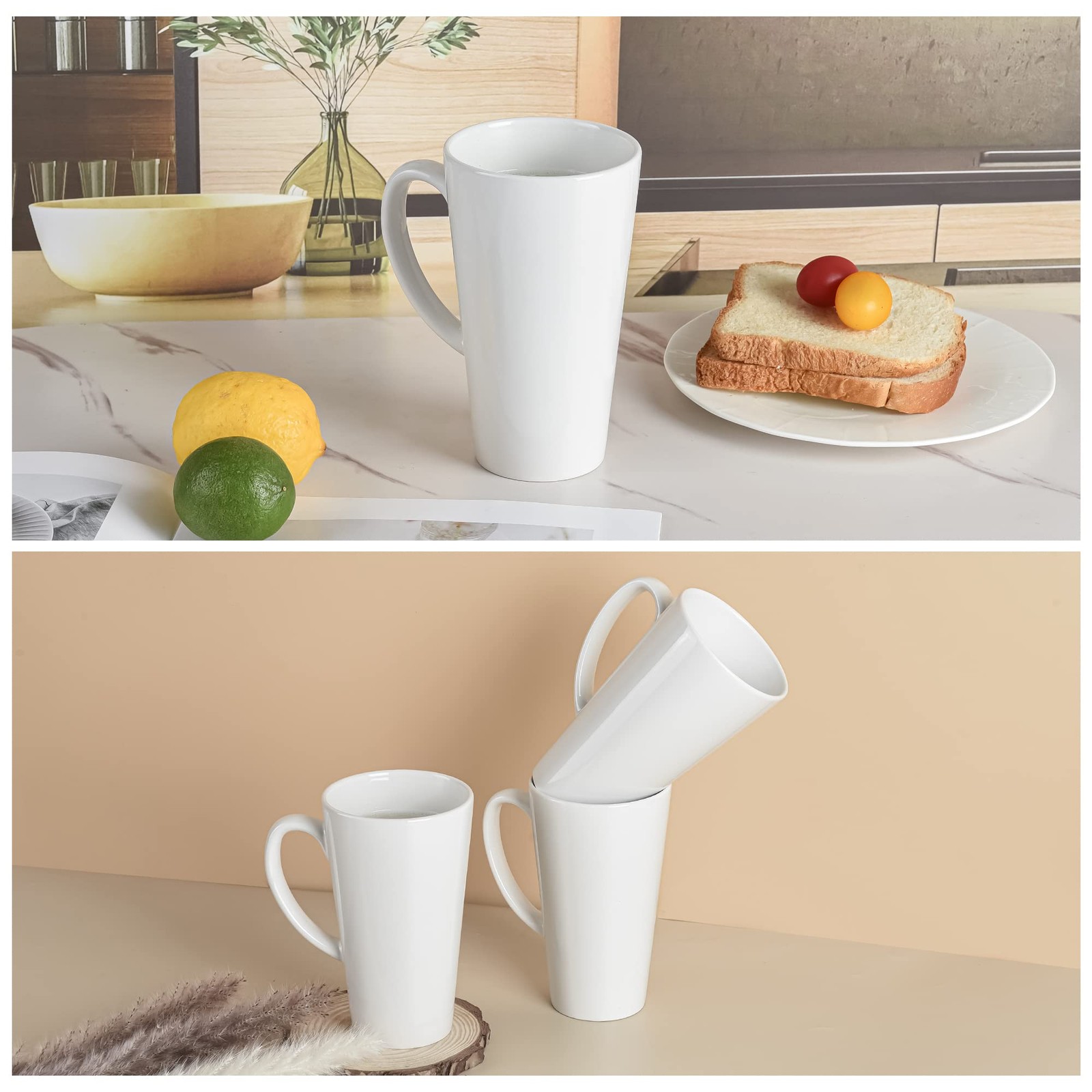 16oz White Funnel Ceramic Tall Coffee Mugs for Coffee, Tea, Cocoa, Latte, Mil…