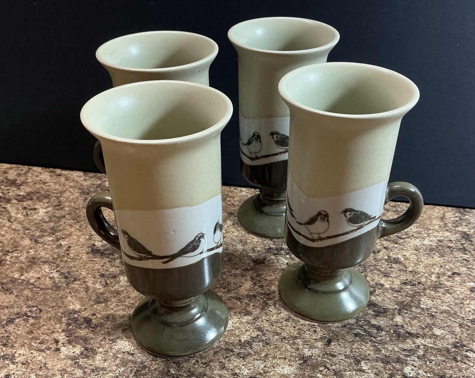 Unbranded Bird On Branch Pedestal Mug Set Of 4 Tan White Brown Green Tone Nature
