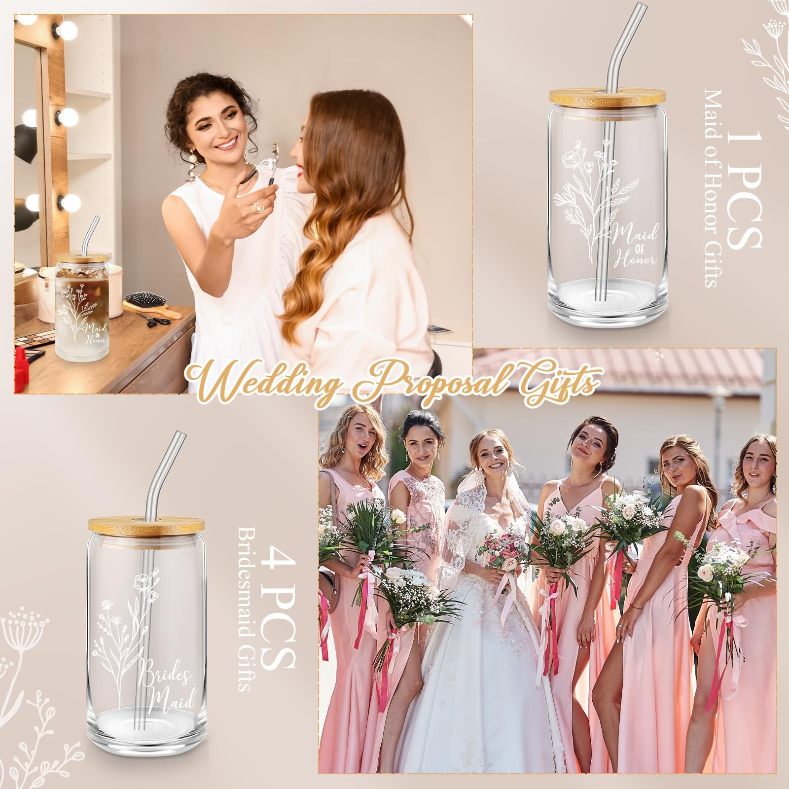 Layhit 5 Pcs 16 Oz Can Shaped Drinking Glasses with Lids Bridesmaid Gifts