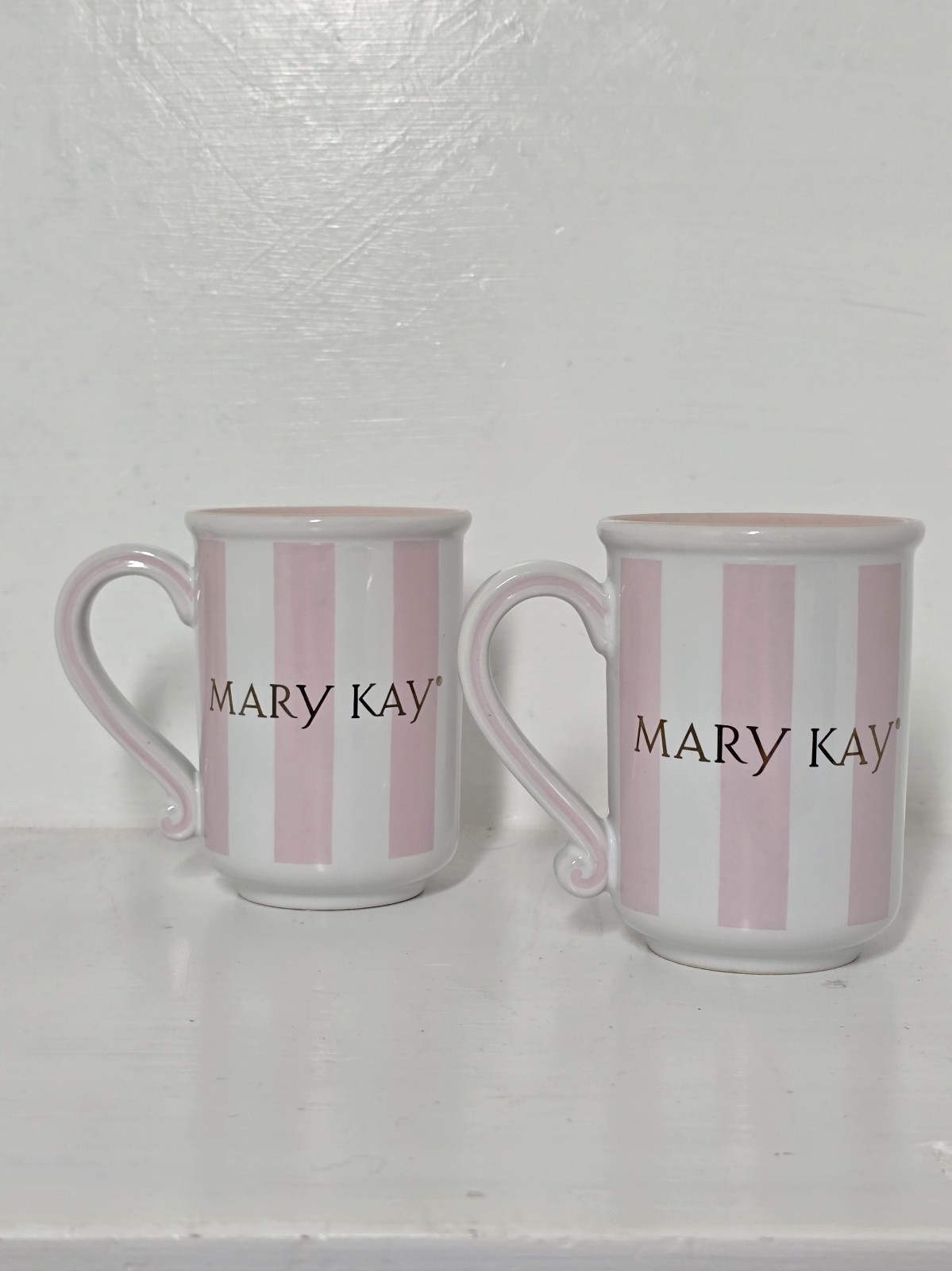 Mary Kay Pink Stripe Coffee Mug Set of 2 Made in Thailand Mint Condition