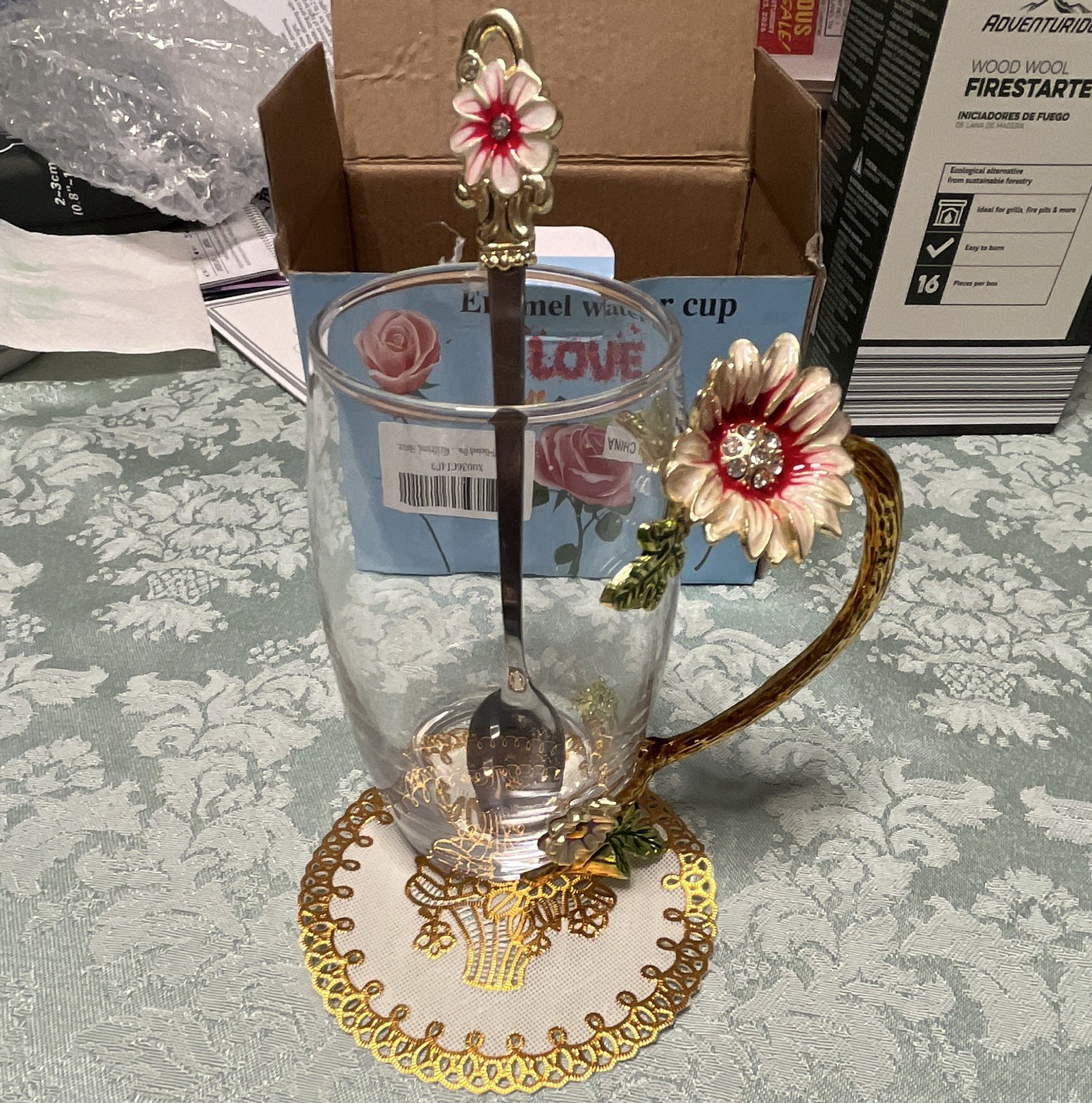 Clear Glass Floral Decorated Coffee Mug w/ Gold Handle & Spoon, 11 fl oz