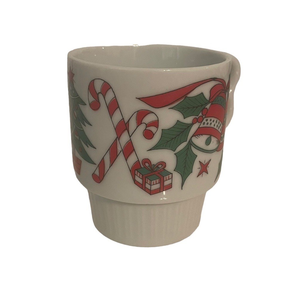Vintage Flambro Stackable Christmas Bell & Holly Coffee Cocoa Mugs Set of 4