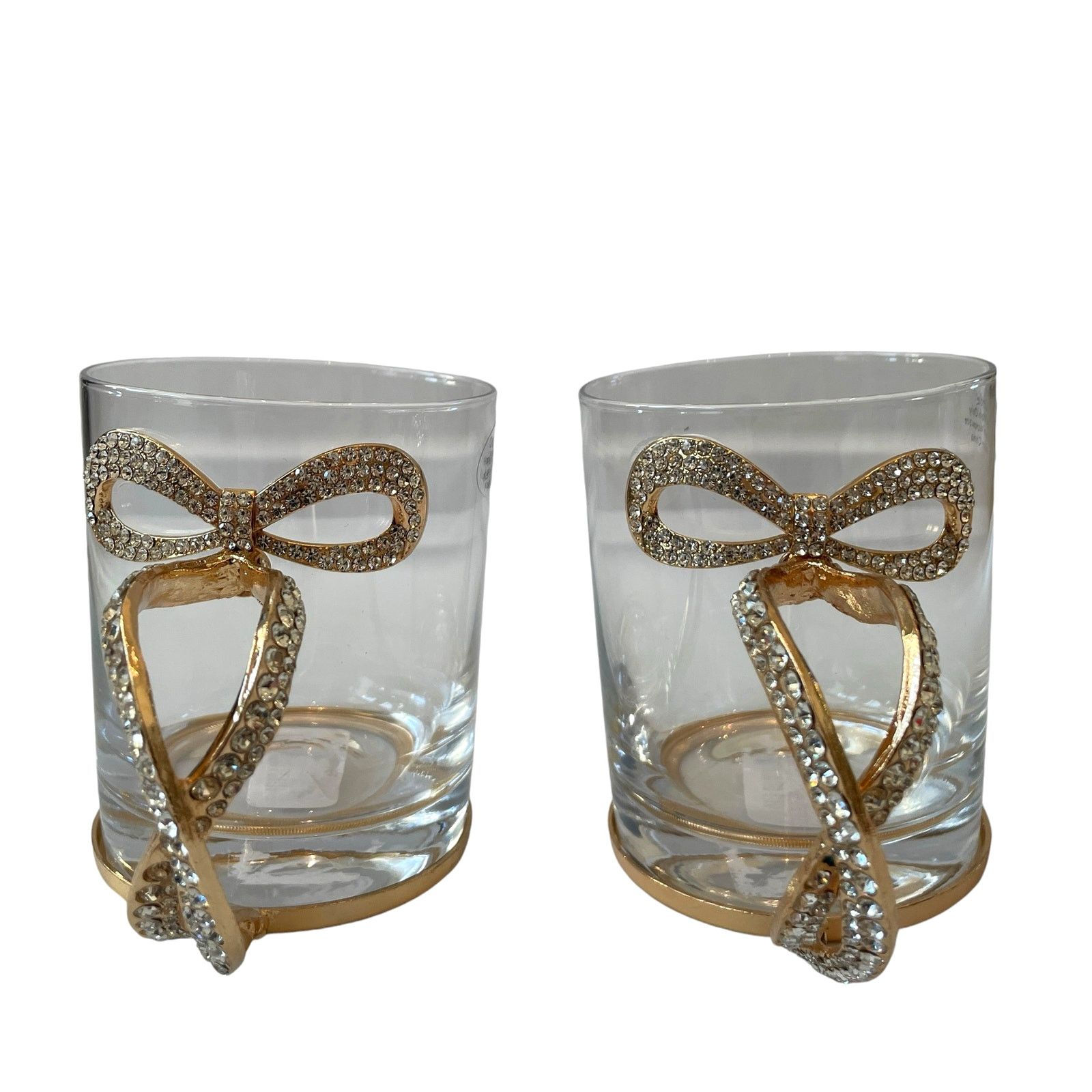 Gold & Rhinestone BOW Handle Glass Mug Coffee Tea Cup Set of 2 Glam Kitchen New