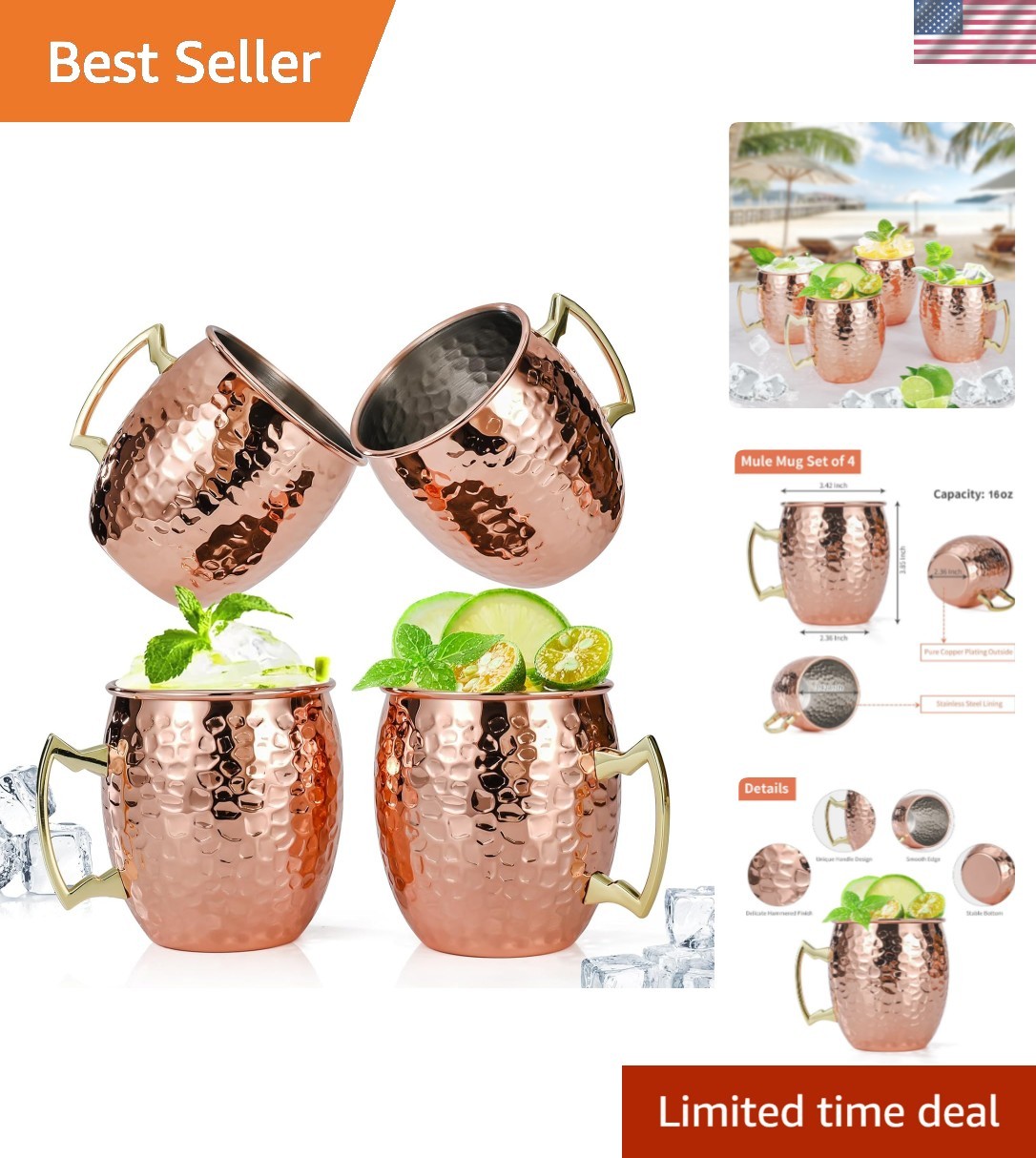 Moscow Mule Mugs Set of 4, 16 OZ Hammered Copper Cups with 304 Stainless Stee…