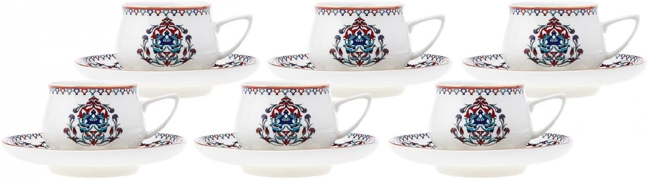 Turkish Porcelain Coffee Cup Set for 6-12 Pc Espresso Cups & Saucers,Traditional