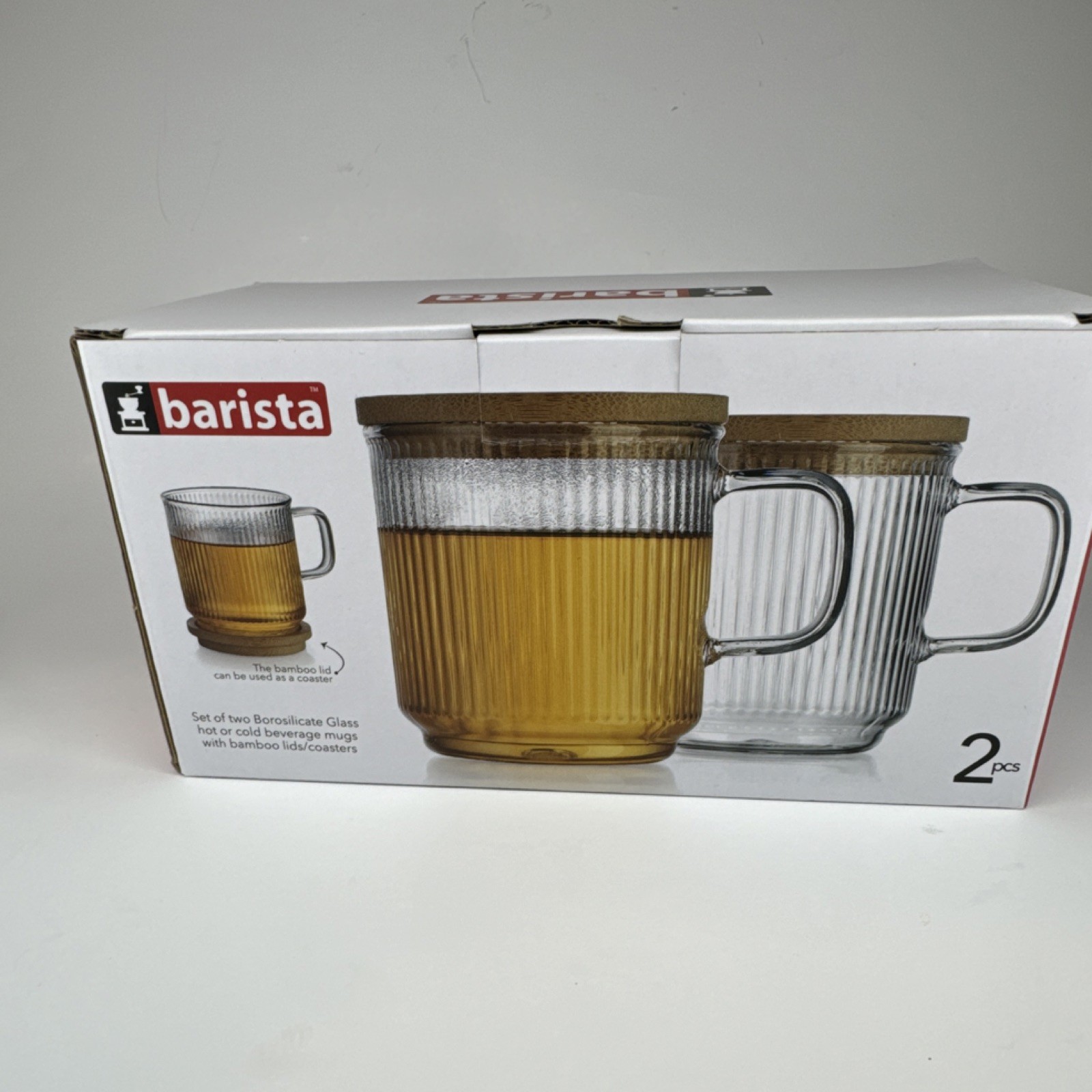 Barista Borosilicate Glass Coffee Mug Set 2pcs with Bamboo Lids 13.5oz