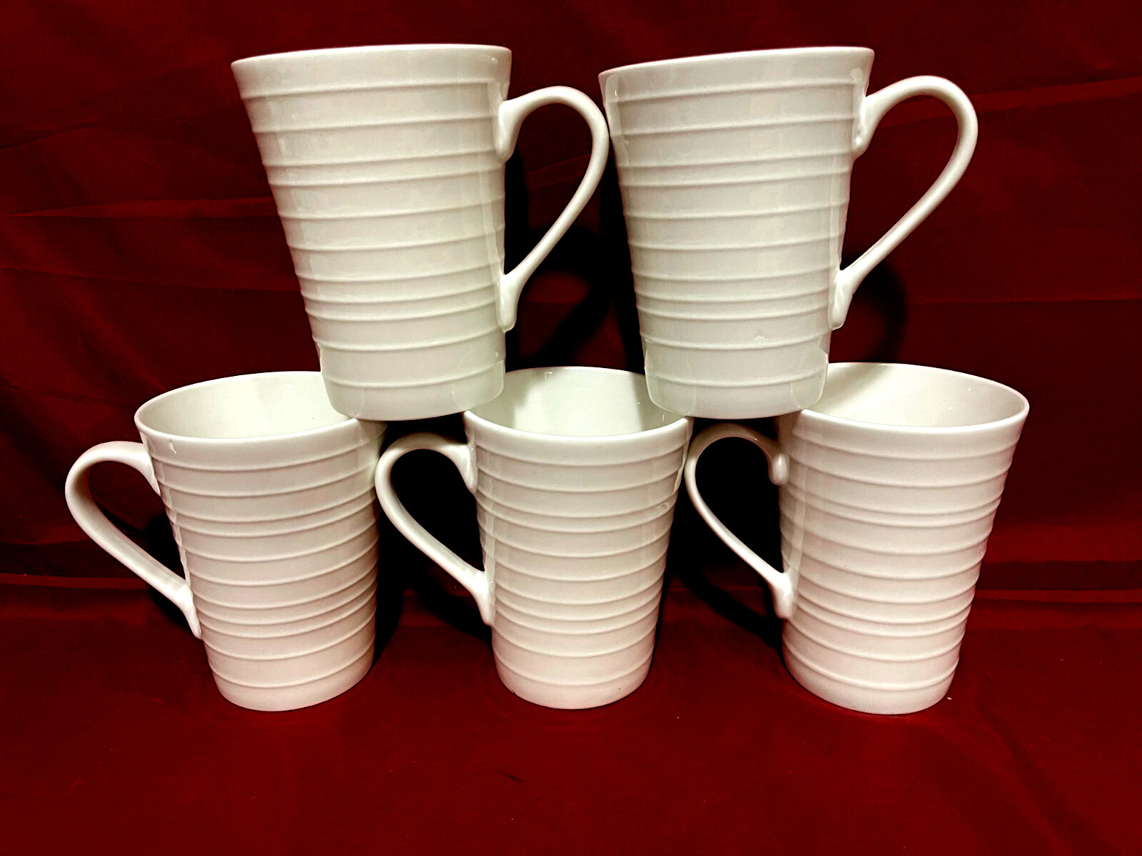 Mikasa Swirl Bone China Set Of 5 White Coffee Mugs/Cups 4 1/2″ Tall