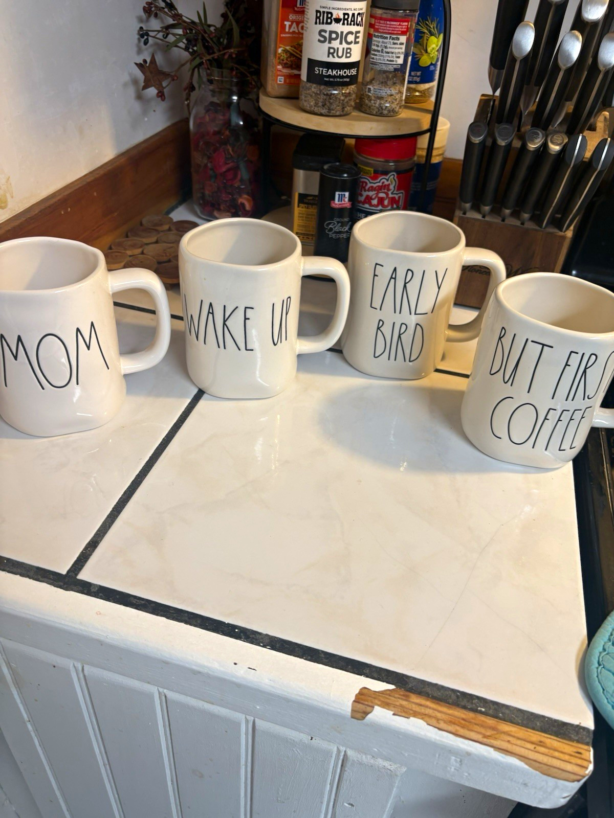 Rae Dunn 16 fl oz 4pc White Ceramic Farmhouse Text Mugs Microwave/DW Safe