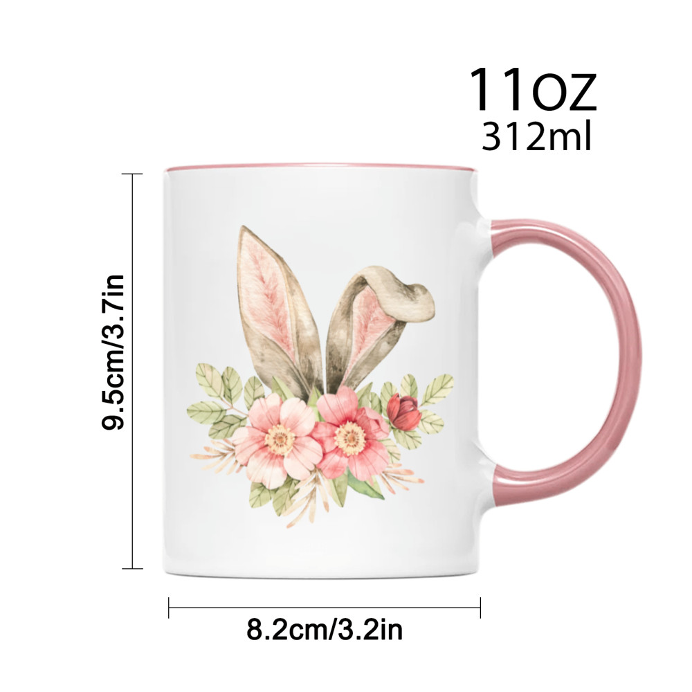 11 oz, 2 Sides Rabbit Ears and Flowers Pink Handle Mug – Happy Easter Mug