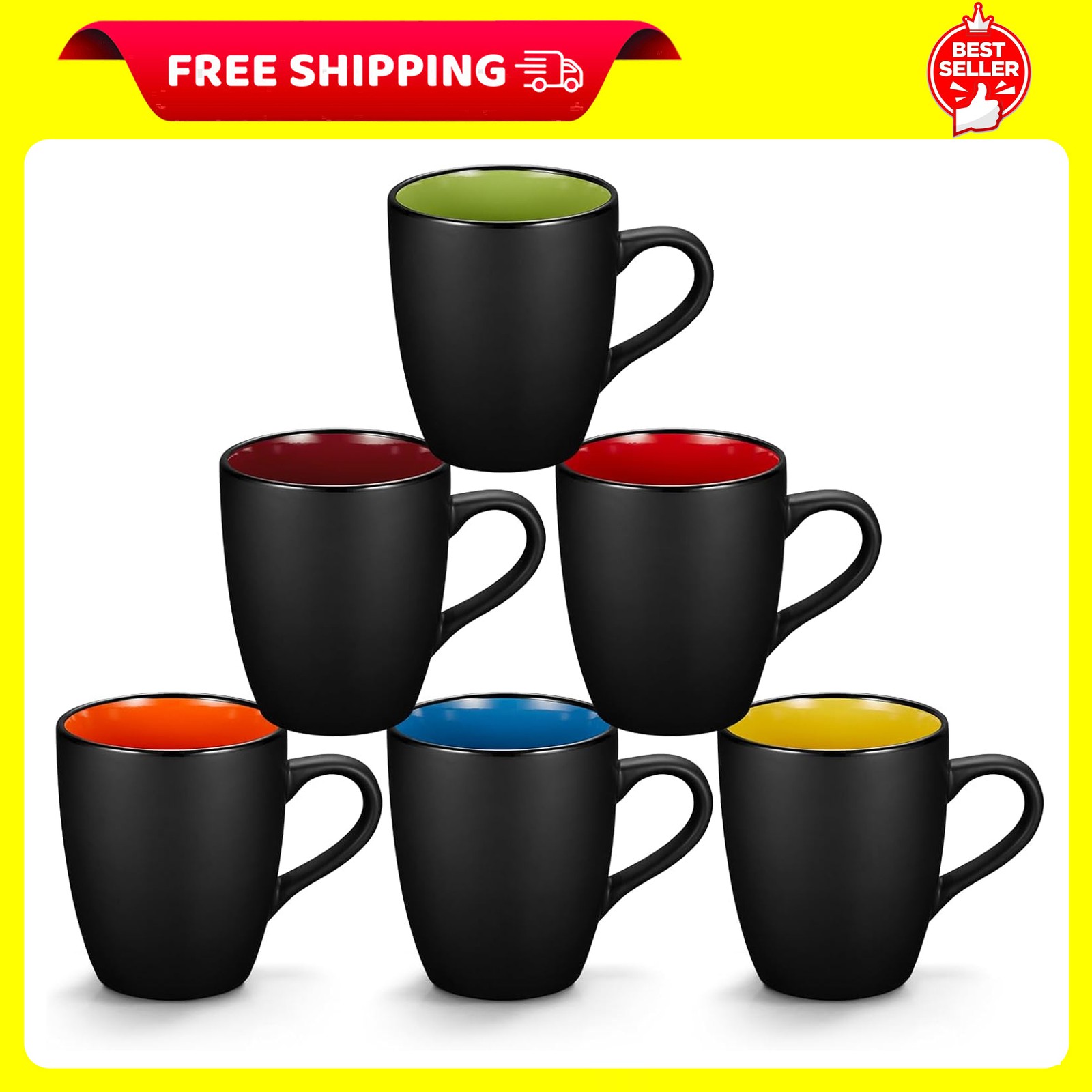 6 Pack Porcelain Coffee Mugs Set 12 Ounces Ceramic Coffee Mugs Matte Black