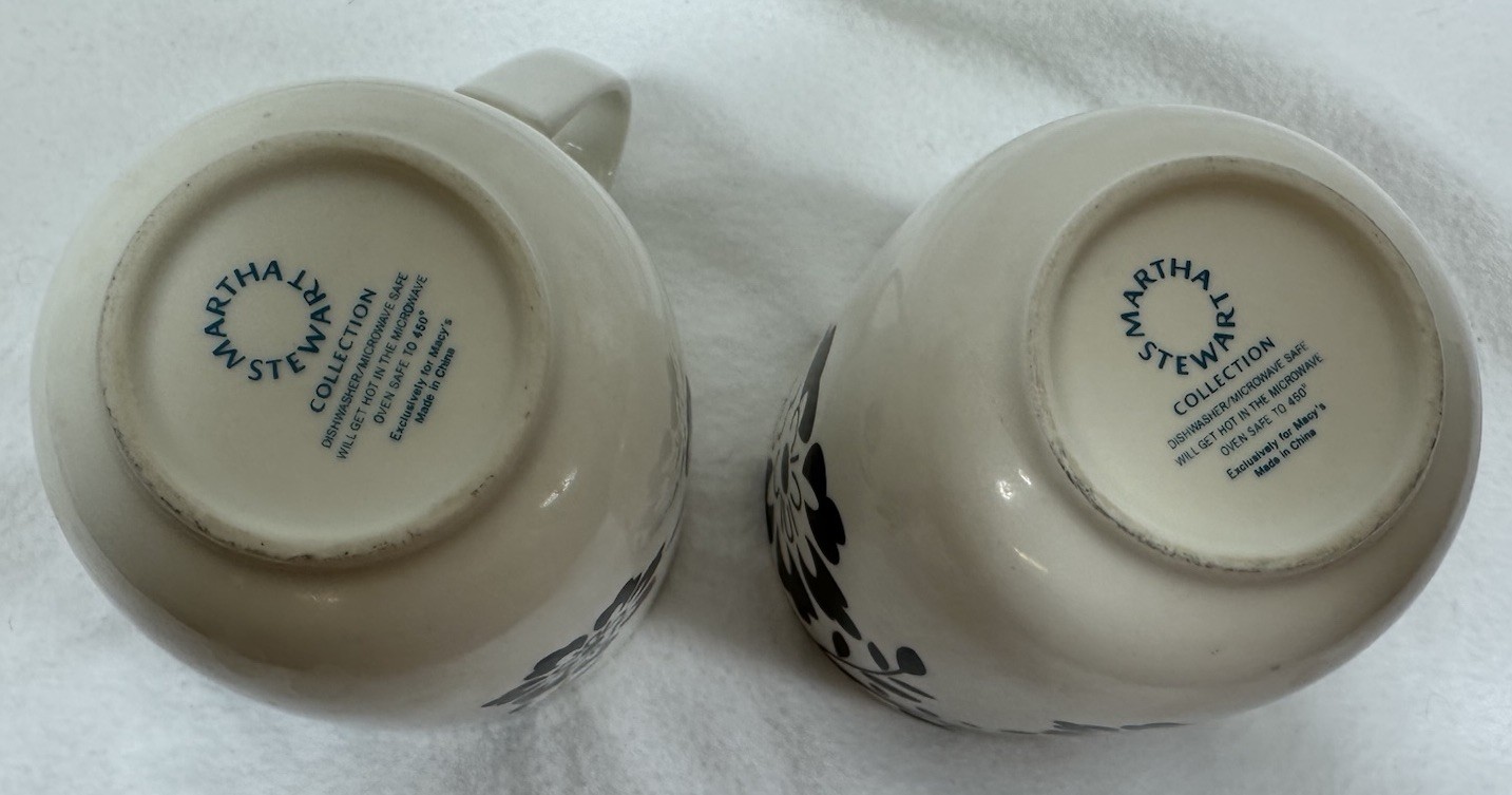 Martha Stewart Hudson Black Mugs Coffee Cups 3 3/4″h Stencil Flowers Set Of 2