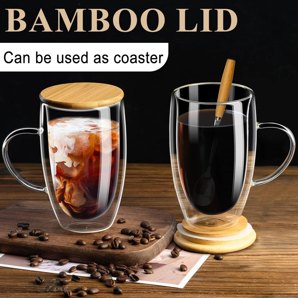 Double Wall Glass Coffee Mugs 16OZ with Bamboo Lid/Spoon, Glass Coffee Cups Set
