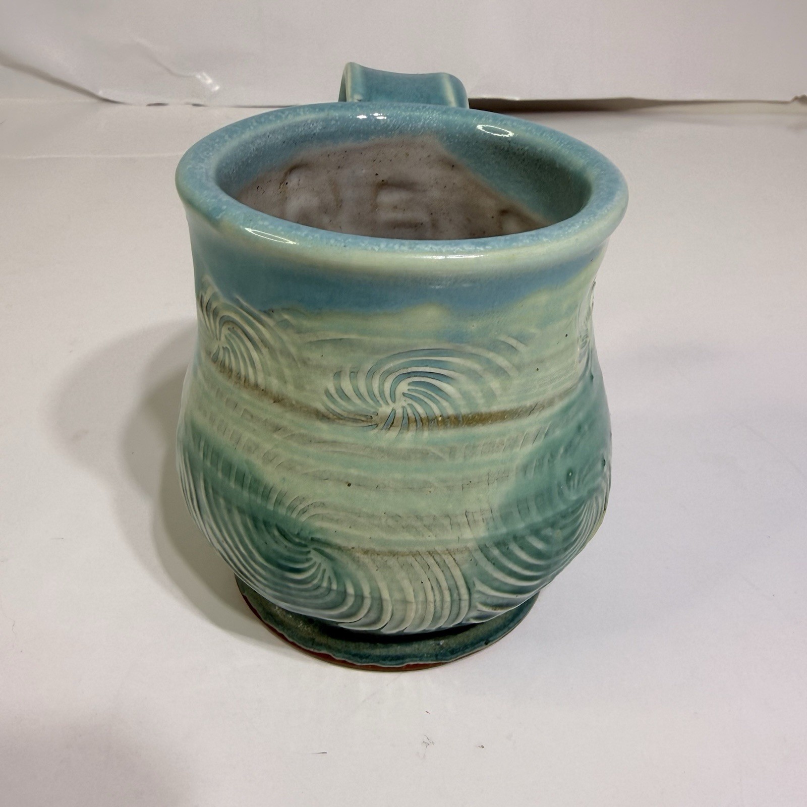 Studio Pottery Coffee Mug Cup Green Wave Design Signed Beach Salt Life