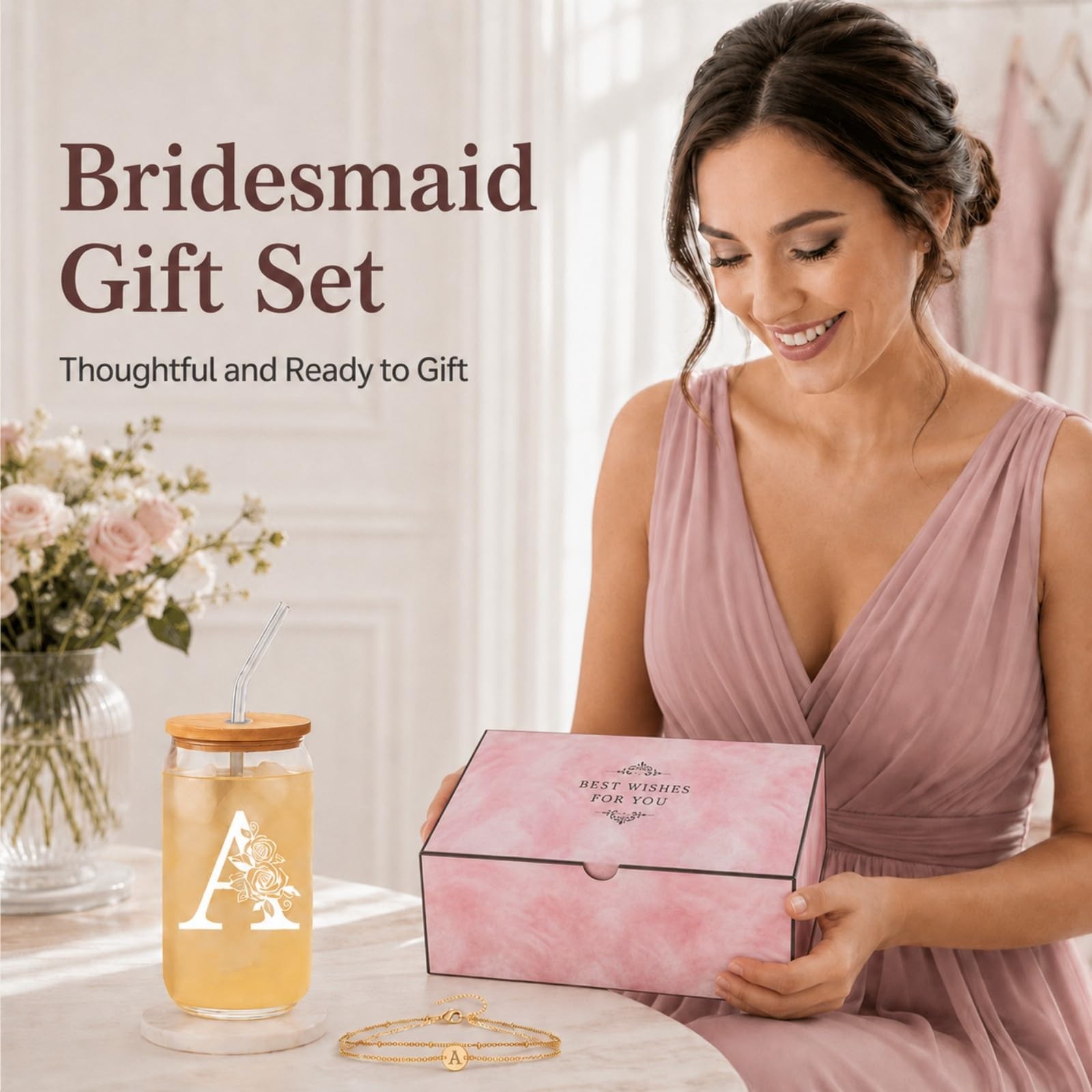 Bridesmaid Gifts for Women, Glass Cup and Bracelet Gift Set, Bridal Party Gif…