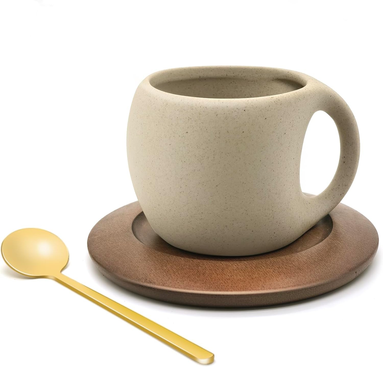 Ceramic Coffee Mug Set with Natural Wood Saucer & Spoon – 8.5 Oz Elegant