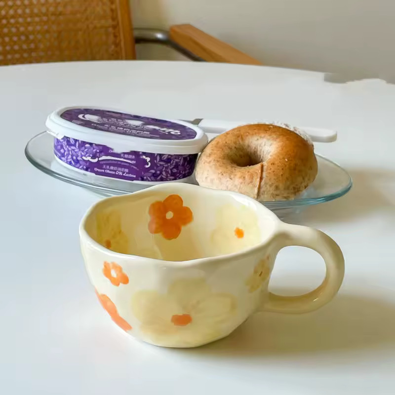 Hand Pinched Irregular Flower Ceramic Mug Korean Style Coffee Milk Tea Cup Orang