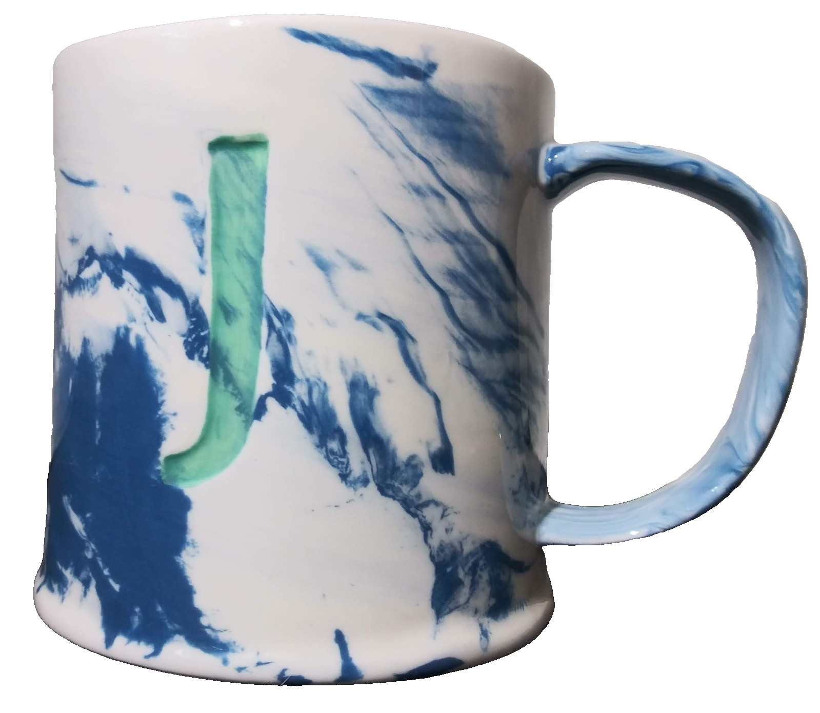 Anthropologie Personalized J Coffee Mug Marble Blue & White Design 14 oz Cup