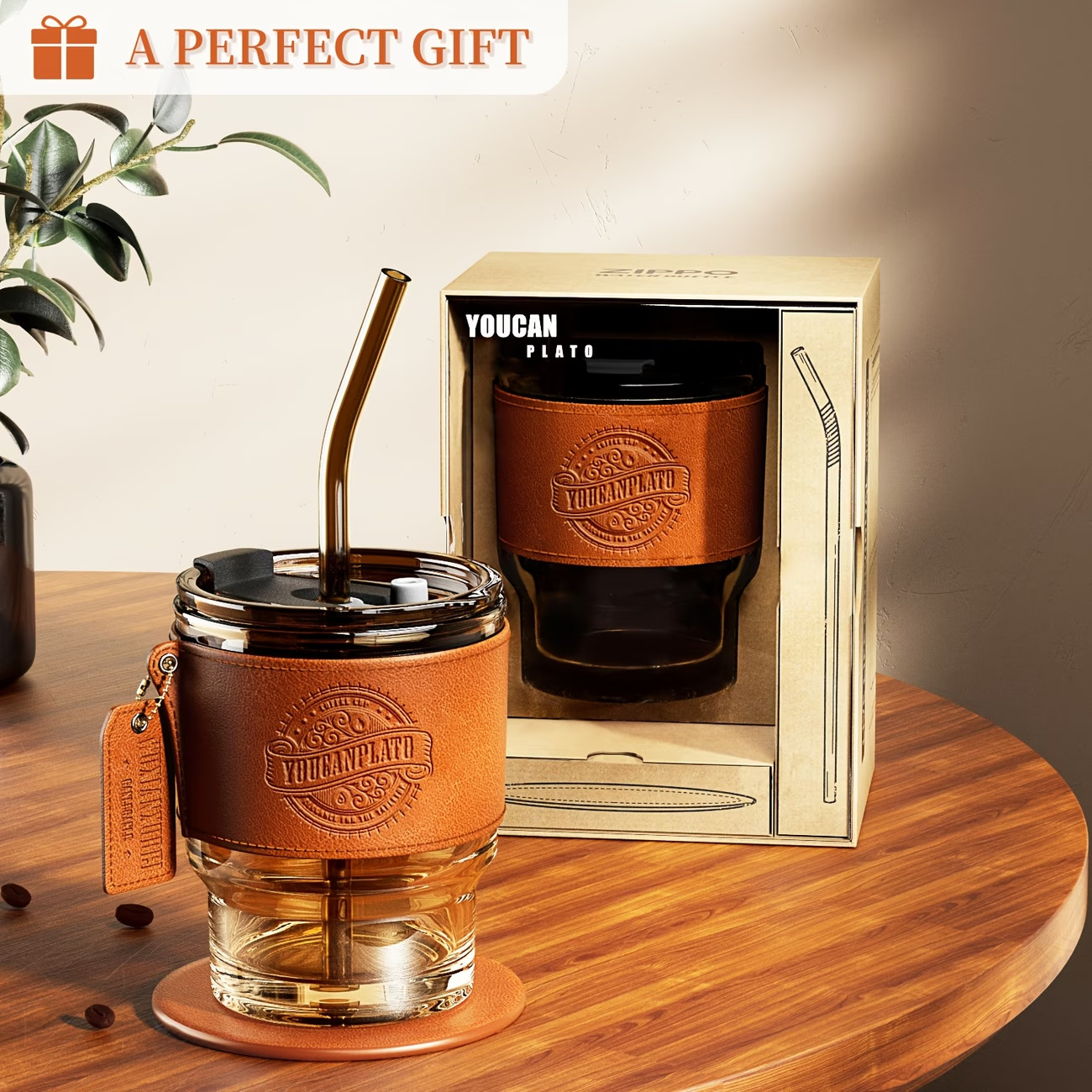 14oz Glass Coffee Cup with Straw, Coffee Travel Mug, Water Bottles for Men/woman