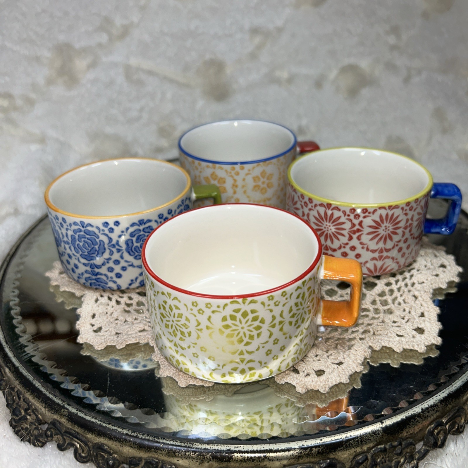 Set Of 4 Pier 1 Stackable Hand Painted Stoneware Cups/MugsIn Chrome Caddy