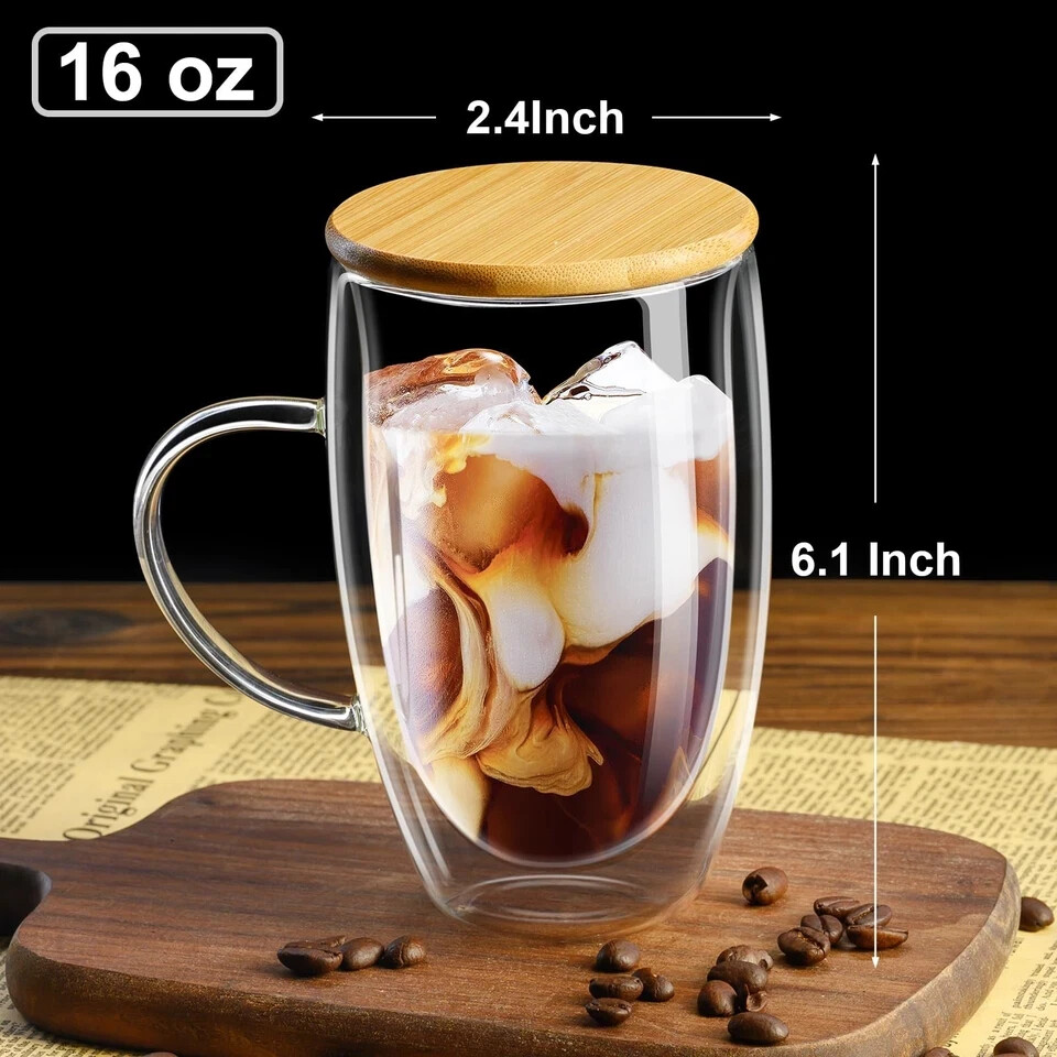 Double Wall Glass Coffee Mugs 16OZ with Bamboo Lid/Spoon, Glass Coffee Cups Set