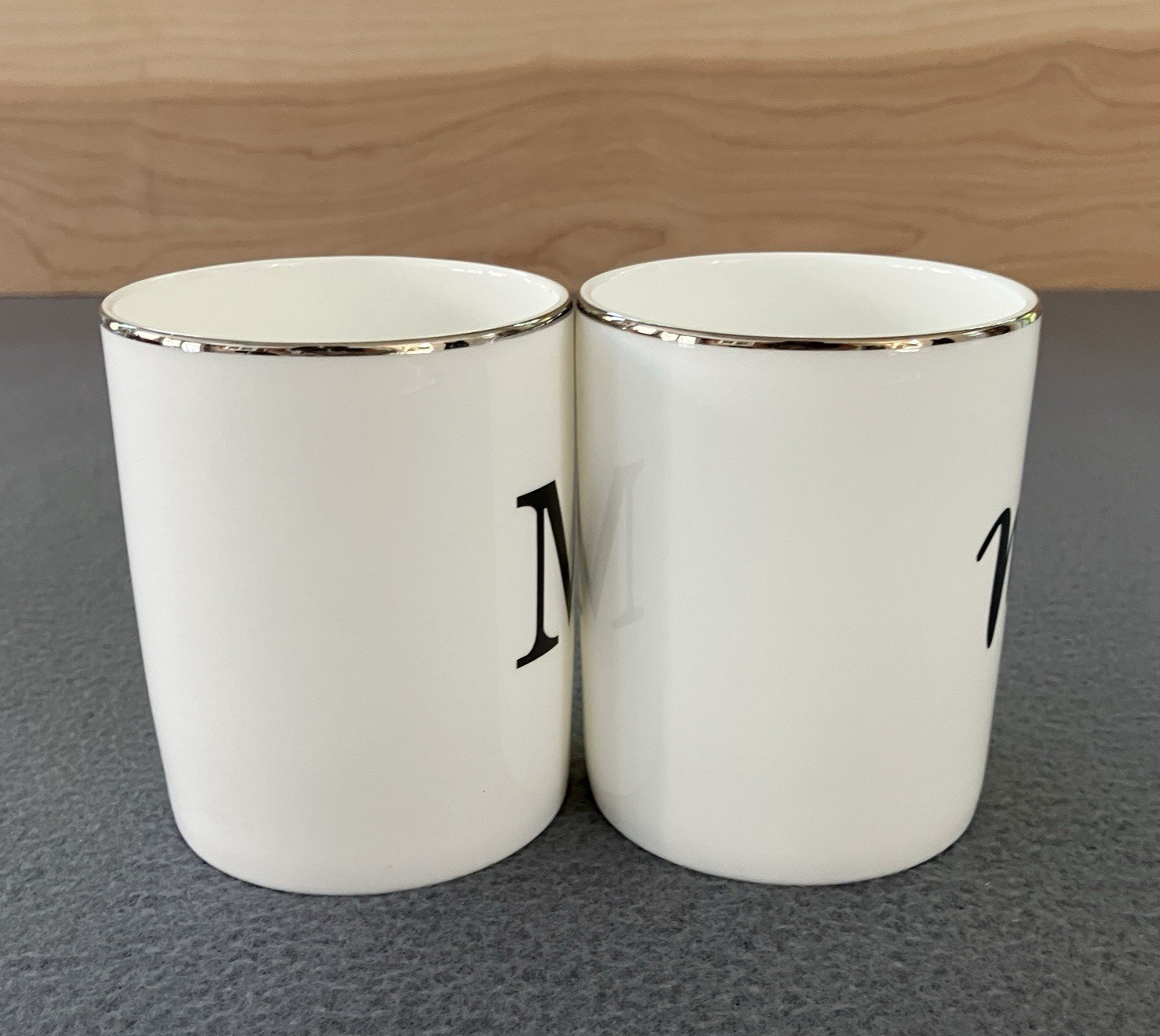 Olivia & Oliver Set Of Mr. and Mrs. White w/Silver Rim Bone China Coffee Cups